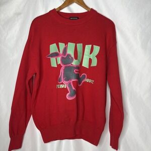 Nuthink NUK‎ Women's M Red Sweater Pink Rabbit Y2K Korean Knit Streetwear